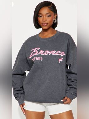 Fashion Nova Charcoal Crewneck Sweatshirt with Pink Bronco Graphic